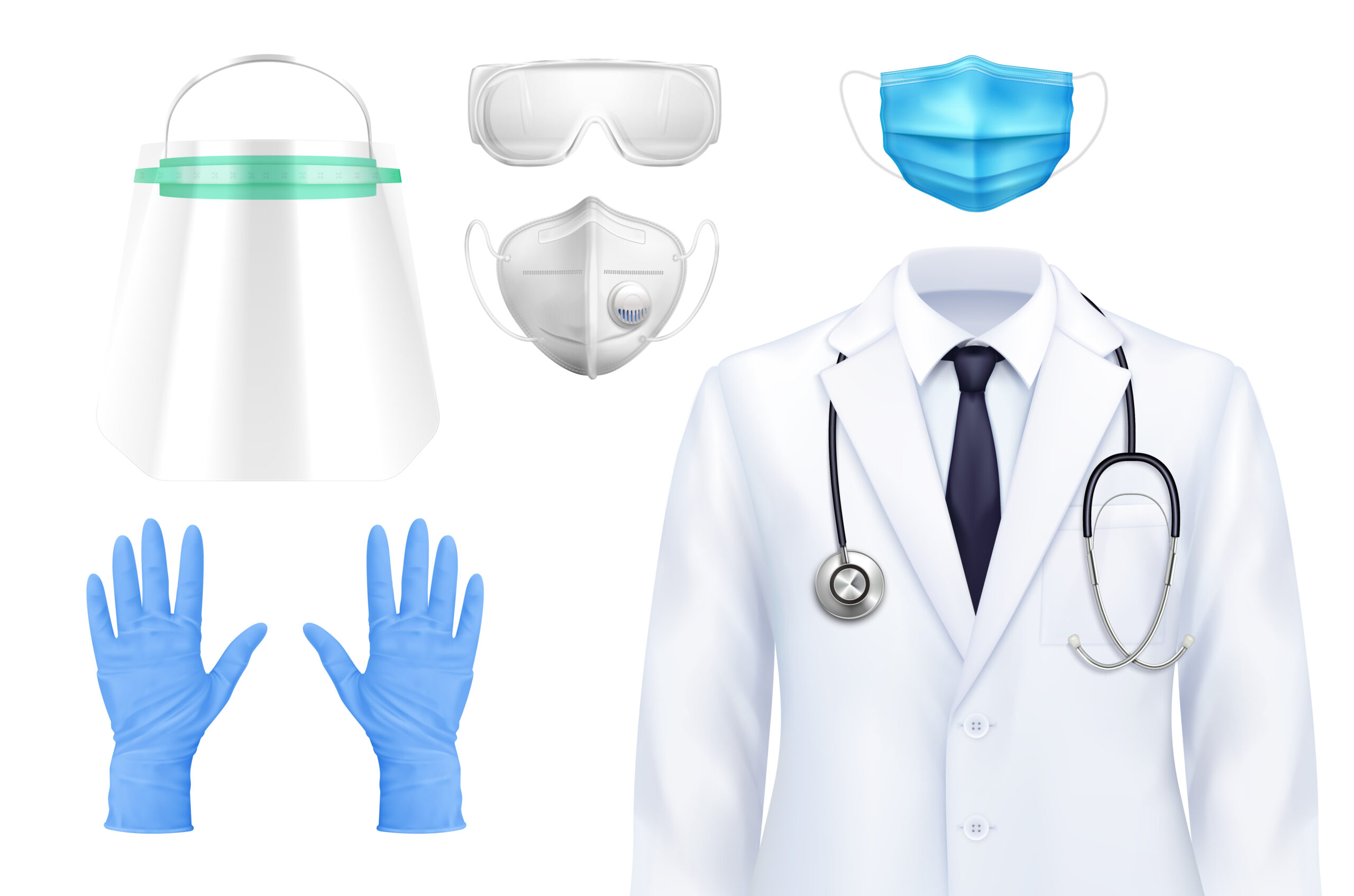 Doctor self protection uniform realistic set of isolated icons of suit masks and gloves with goggles vector illustration